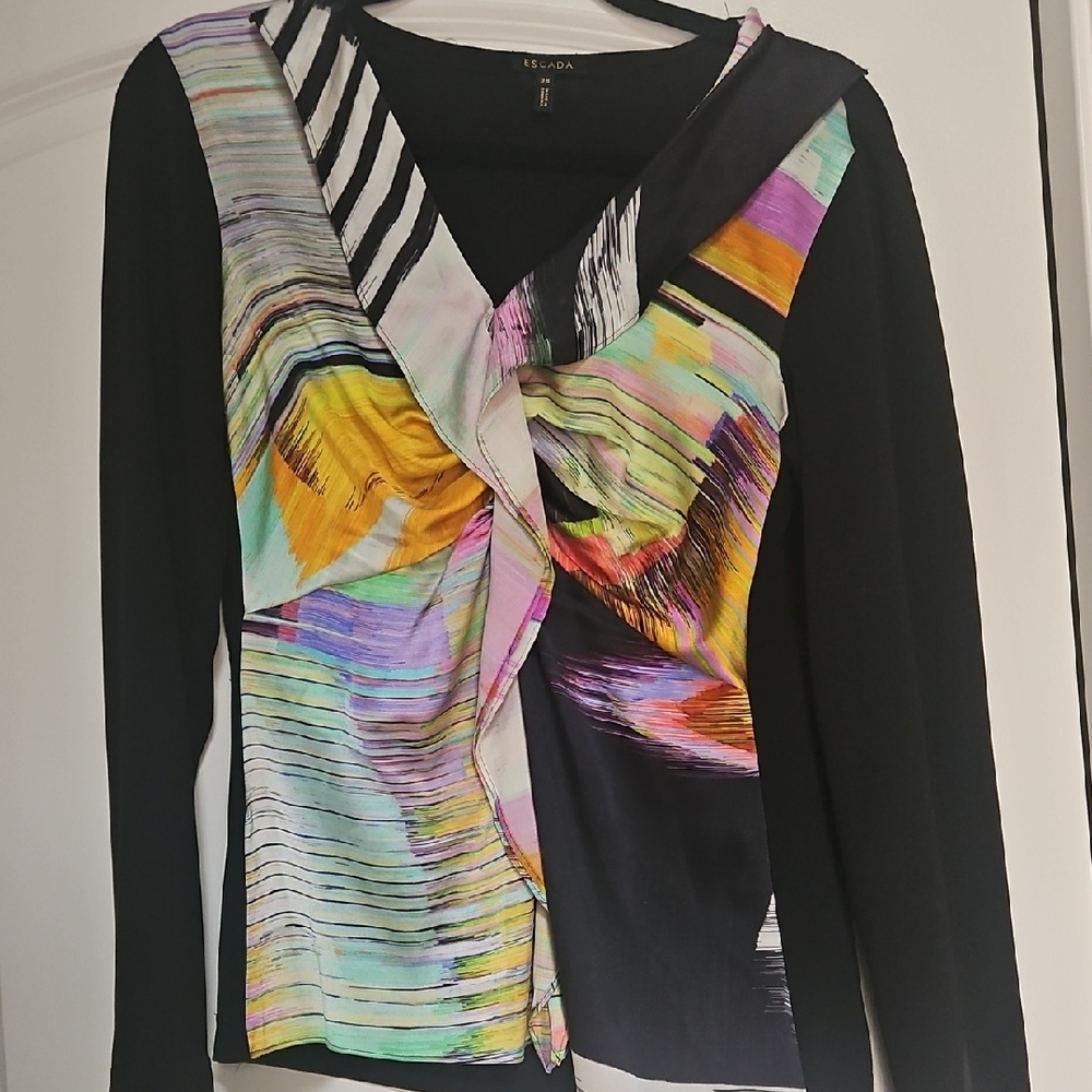 Escada Black and Yellow Asymmetrical Graphic Blouse